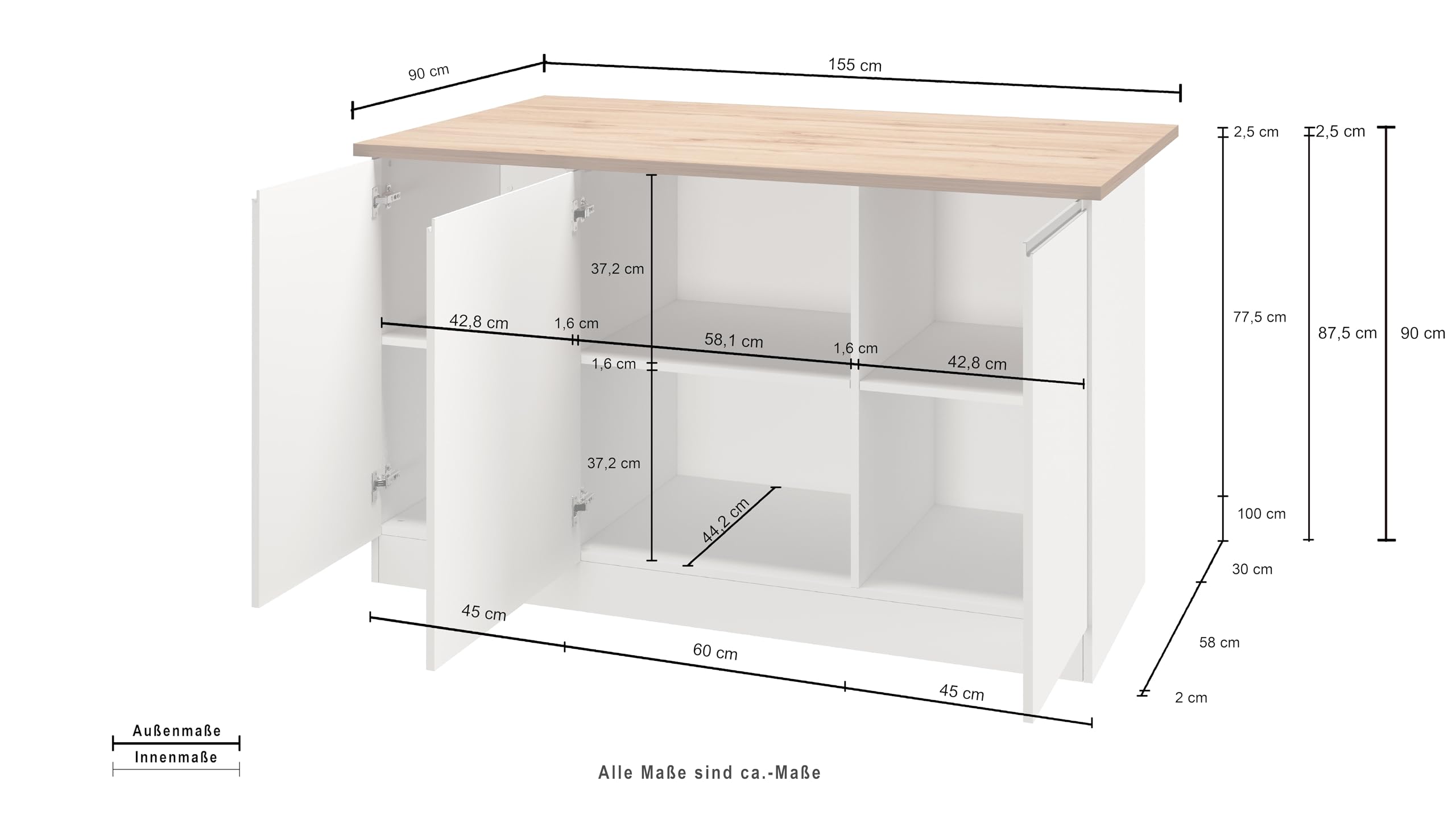 Generico Web Furniture Isola SOLE Cucina 155 x 90 x 90 cm Antracite/Report (Bianco lucido/Rovere)