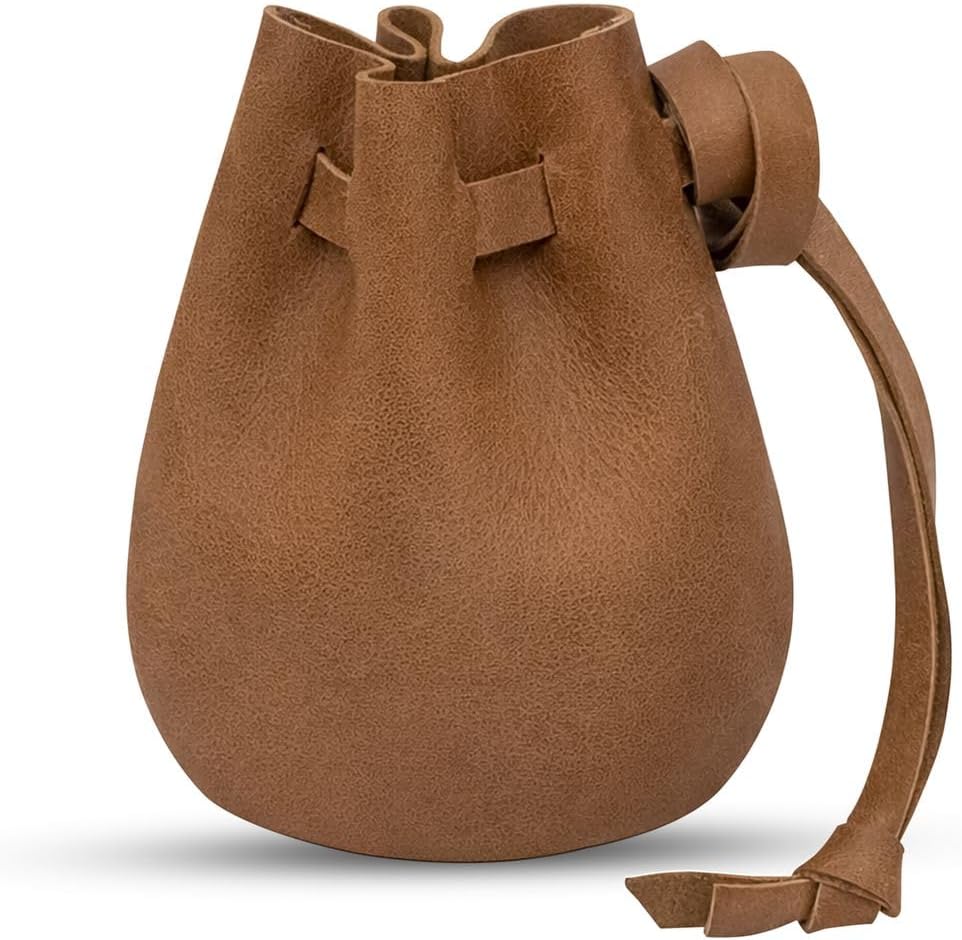 Mythrojan Small Trinket Pouches Suede Leather Drawstring Coin & Dice Bags for LARP, SCA, Viking & Medieval Events (Brown- Single)