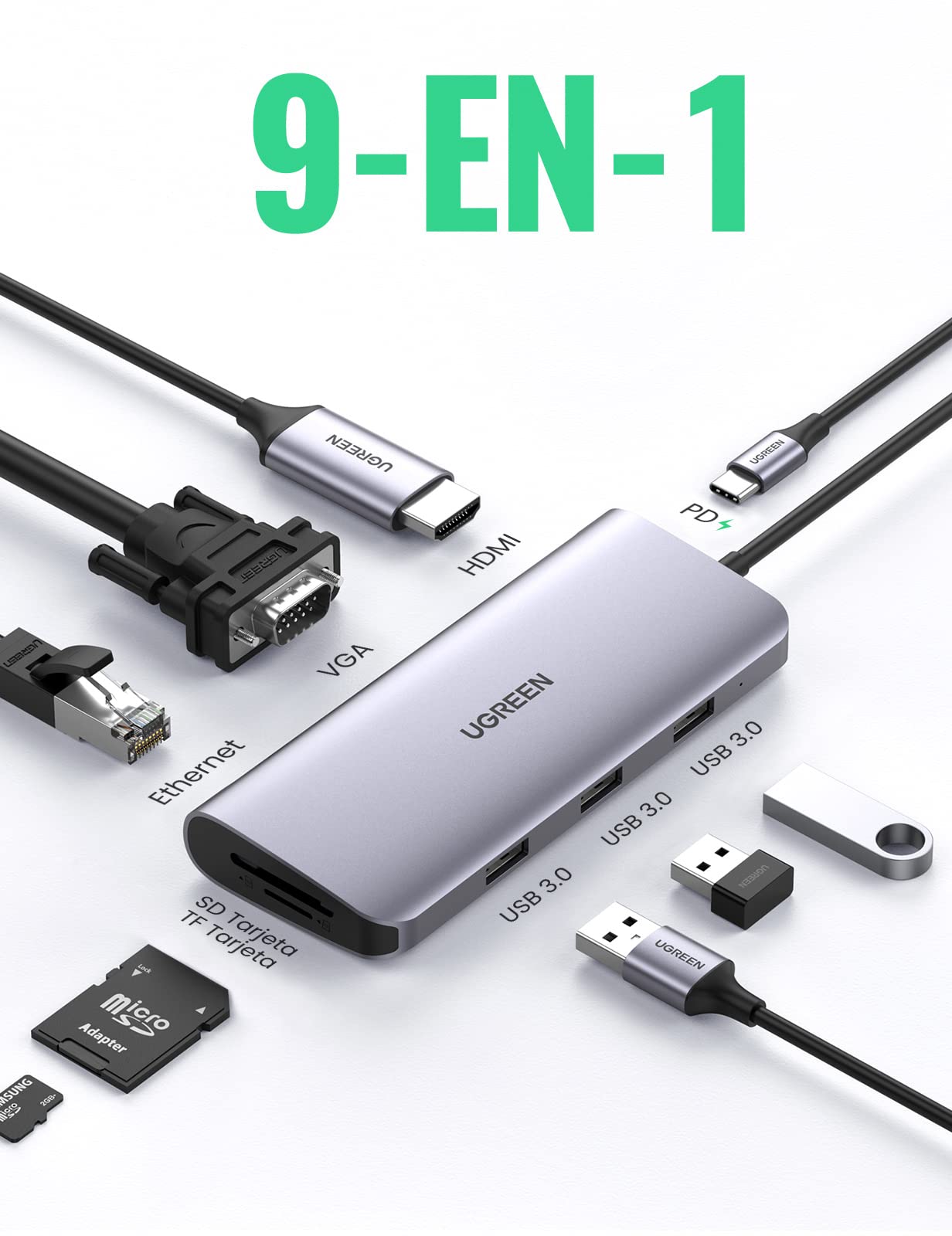 UGREEN Hub USB C HDMI VGA Adaptador USB C Ethernet Gigabit 1000Mbps 9 en 1 Dock Multi Puertos PD 100W 3 Salidas USB 3.0 5Gbps Compatible con MacBook Pro MacBook Air M1 iPad Pro 2021 XPS 13 15