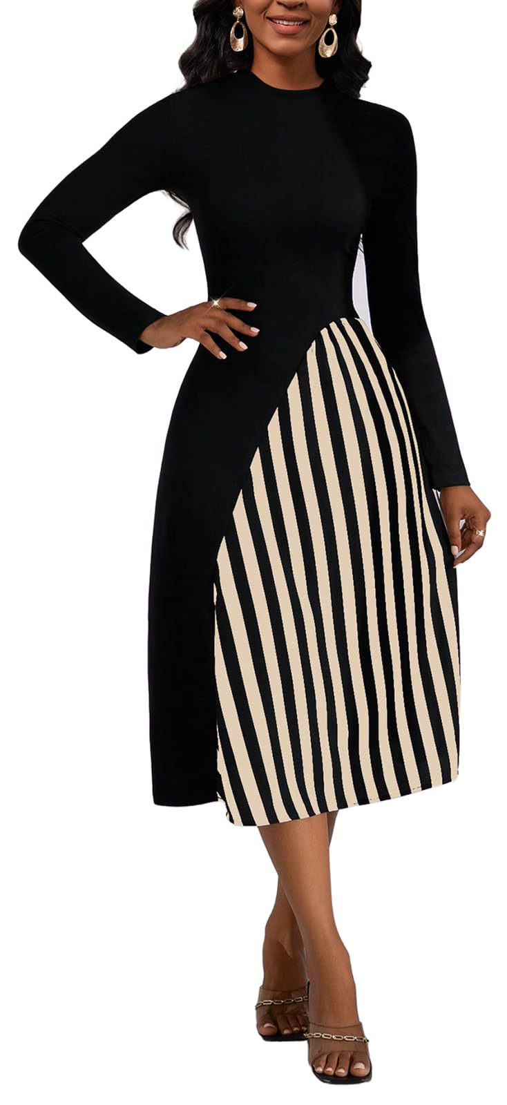 HipGlamp Women's Casual Crew Neck Long Sleeve Dress 2024 Splice Striped Midi Dress Pencil Cocktail Dresses