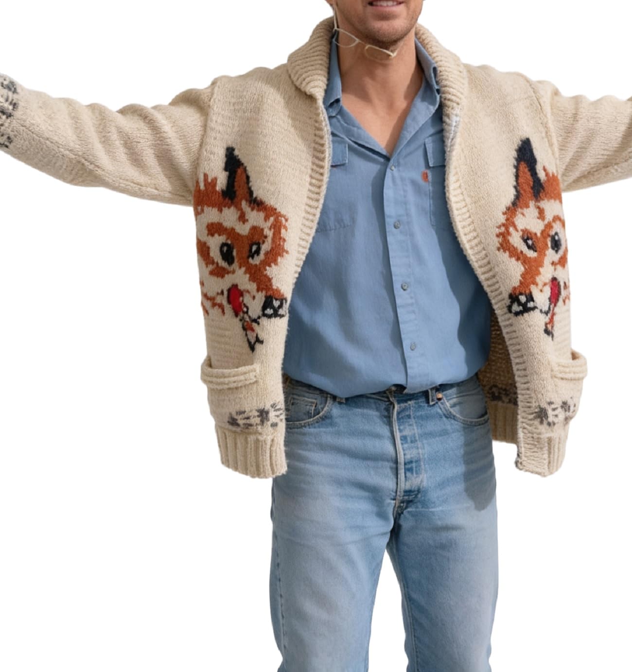 Suéter de lana de punto con patrón de lobo para hombre, estilo vaquero, inspirado en la película clásica, ropa de abrigo para cosplay