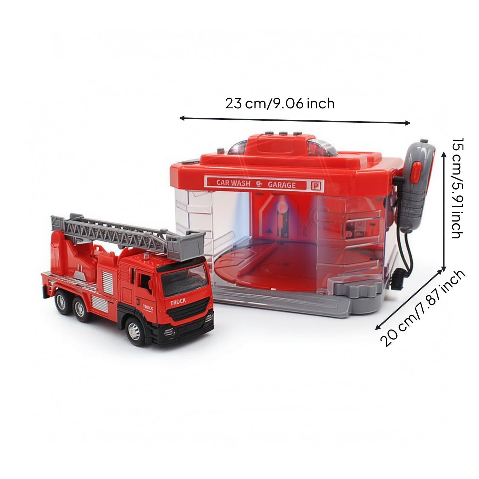 Giocattolo Autolavaggio Bambini Car Wash Veicolo Lega Lavaggio Auto con Controller a Cavo Effetti Realistici Base Solida, Stazione Dei Pompieri Con Autoscala
