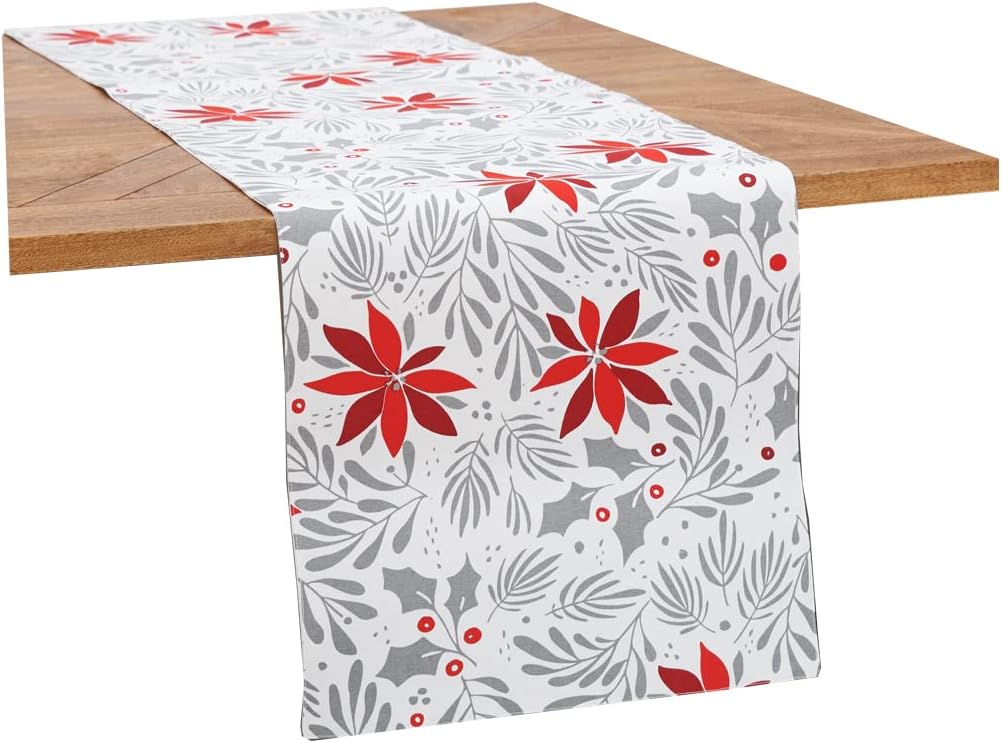 C&F Home Poinsettia Christmas Printed Rectangle Table Runner 14" x 72" White Embroidered Edge Red Winter Christmas Holliday 14" x 72" White