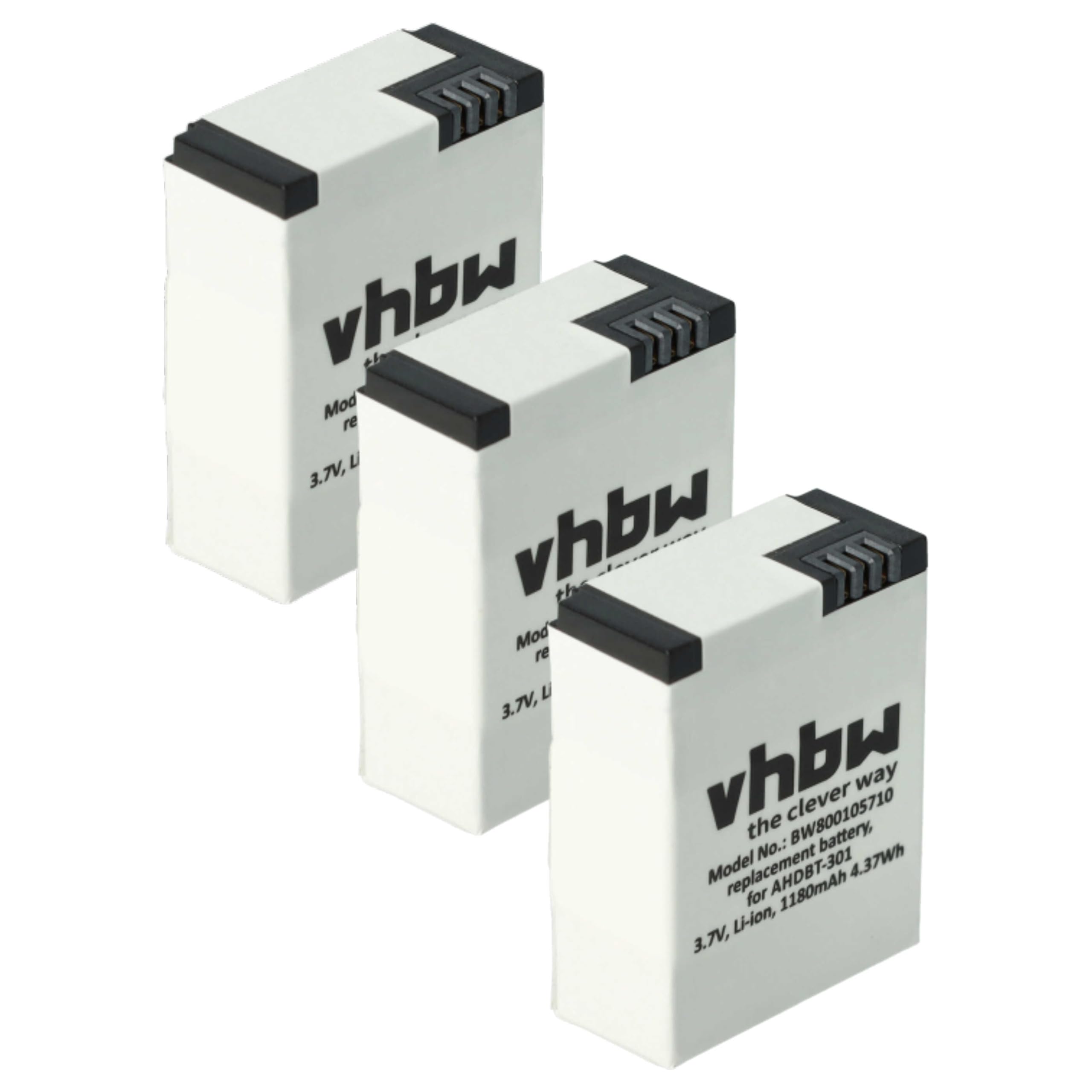3 x bateria VHbw 1180 mAh (3,7 V) do GoPro Hero 3 III, 3 III CHDHX-301, 3+ III Plus czarny, biały, srebrny, wydanie jako AHDBT-201, AHDBT-301, AHDBT-302