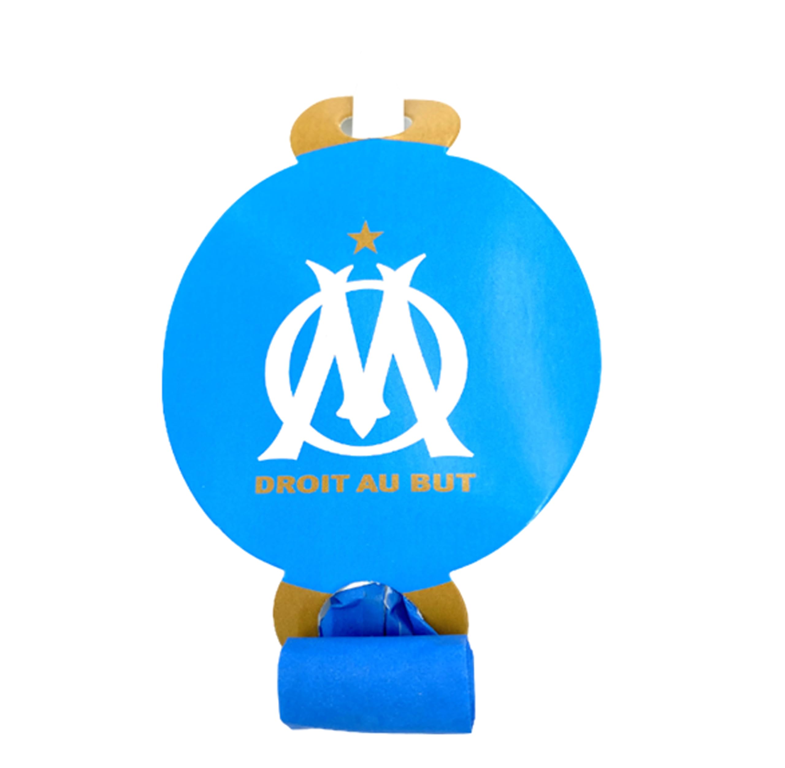 OLYMPIQUE DE MARSEILLE Pack 51 pièces : Nappe 130 x 180 cm + 6 Gobelets + 6 Assiettes + 20 Serviettes + 6 Chapeaux + 6 Sifflets + 6 Cartes d'Invitation - Collection Officielle