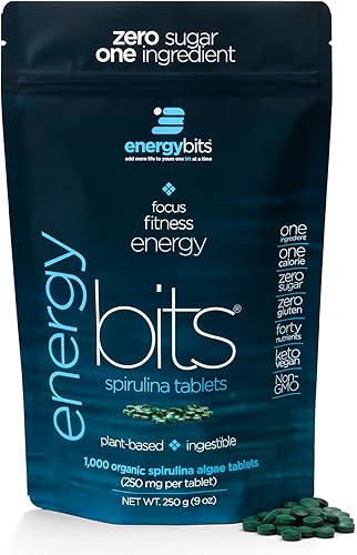 ENERGYBITS Pure Spirulina Algae Tablets, Superfood Tablets, Pure Blue Green Algae, High Protein, Chlorophyll Tablets, Non-Irradiated, for Energy