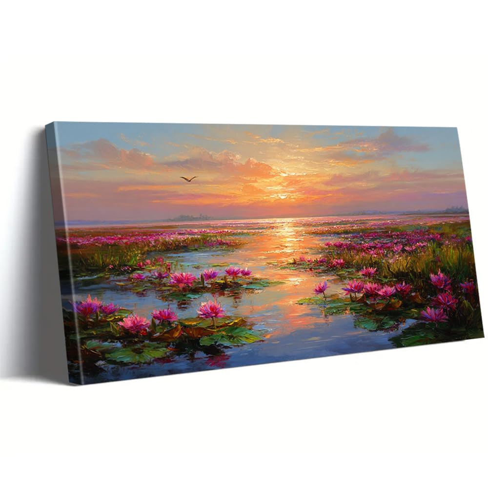 AEFOUU Water Lily Canvas Paintings, Sunset Scene Art Prints, Nature Harmony Wall Arts Print Posters Modern Wall Decor Pictures(70x140cm/28x55in/Frameless)