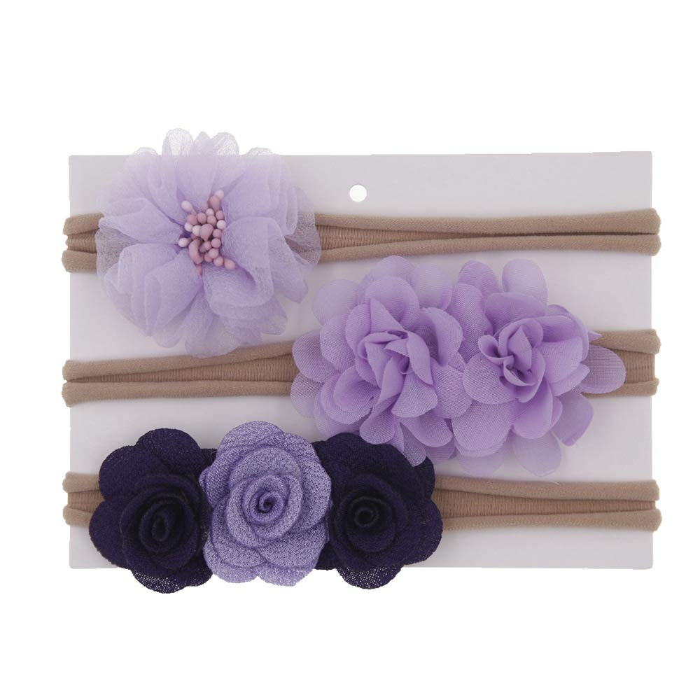 SYGA 3 Pcs Baby Headband Nylon Flower Stretchable HairBand for Newborn Infant Toddlers Kids 0-3 Year (Purple)-image-45