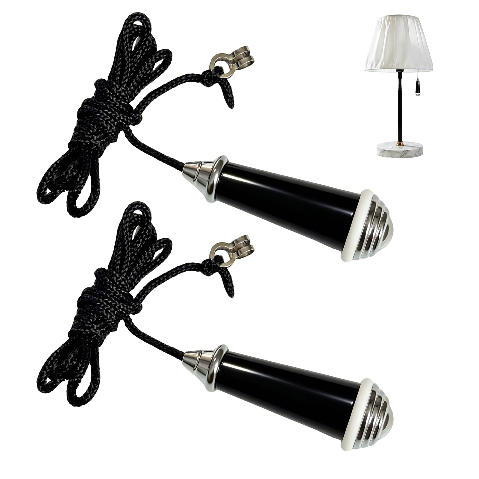 Pull Cord Handle, 2Pcs Pull Cord Light Switch Bathroom, Ceramic Bathroom Light Pull Cord with 2Pcs 1.5M Black Nylon Extension for Toilet Light Ceiling Fan Switch (Black)