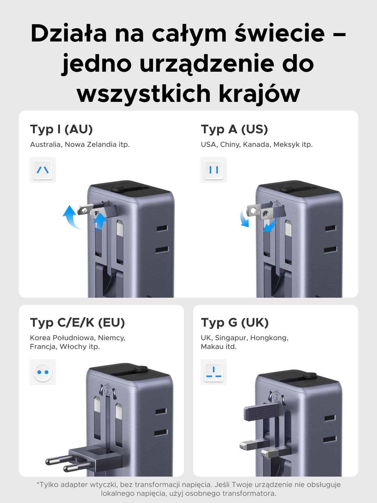 UGREEN Zasilacz podróżny 45 W, 6 w 1 z 2 USB C, 2 USB A i 2 AC | Międzynarodowe adaptery Typ I/A/C/G do EU/UK/US/AU, uniwersalne, kompaktowe i bezpieczne w podróży i na wakacjach