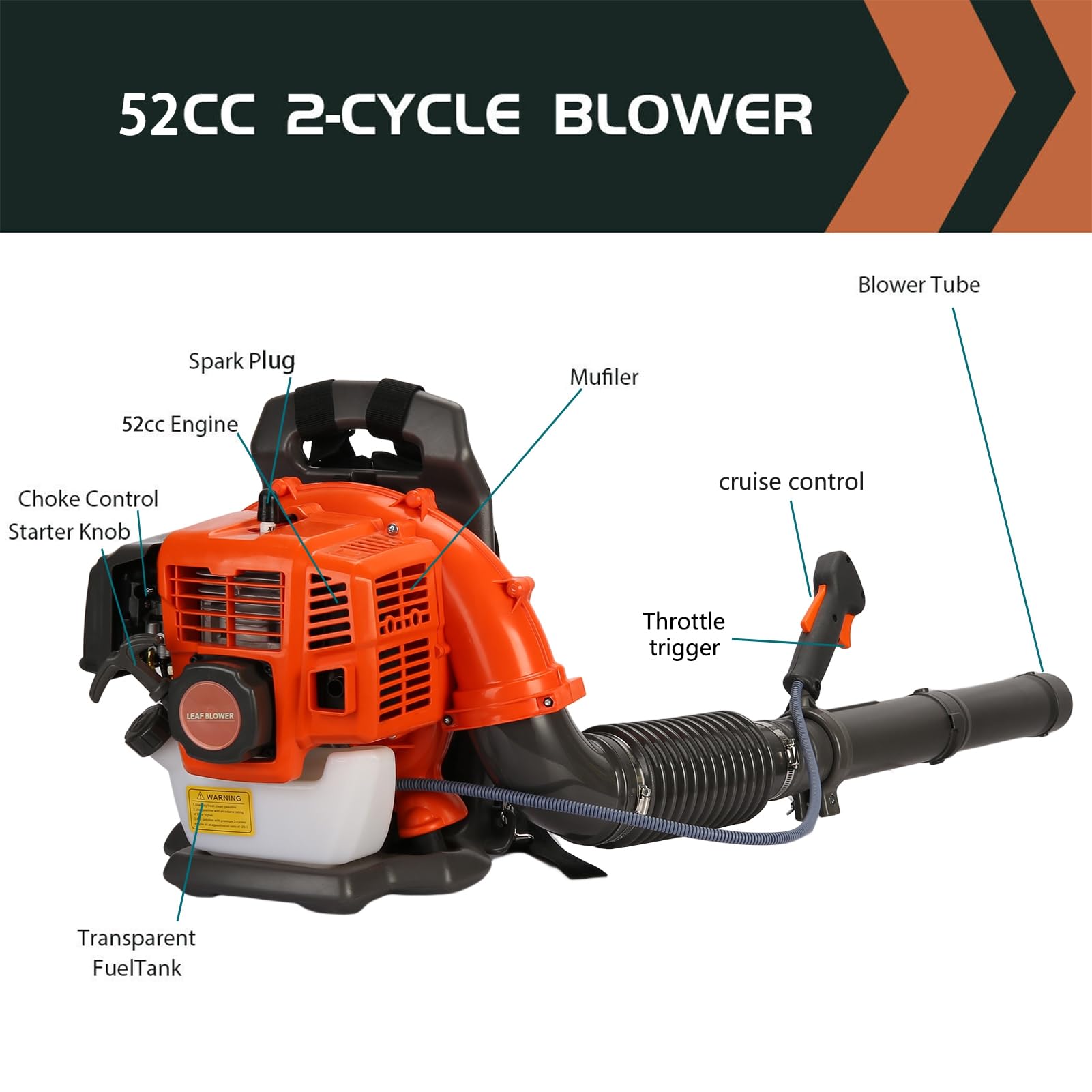 Dmuchawa do liści z plecakiem gazowym 52 cc, 550 CFM, dwusuwowy silnik, z regulowaną rurą, ergonomicznym paskiem, wytrzymałe urządzenie ogrodowe do śniegu ogrodowego, resztki trawy, pomarańczowa