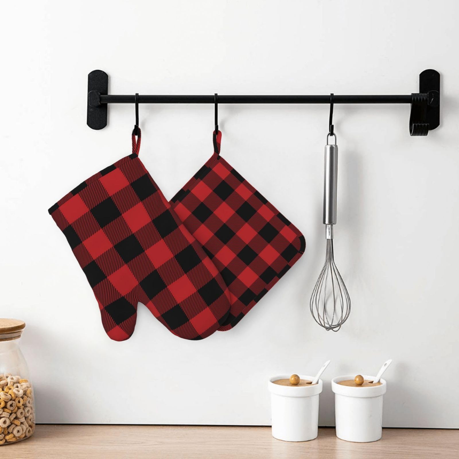 Ensemble de gants de cuisine et maniques à carreaux rouges et noirs en silicone résistant à la chaleur Rouge et noir à carreaux rouges et noirs