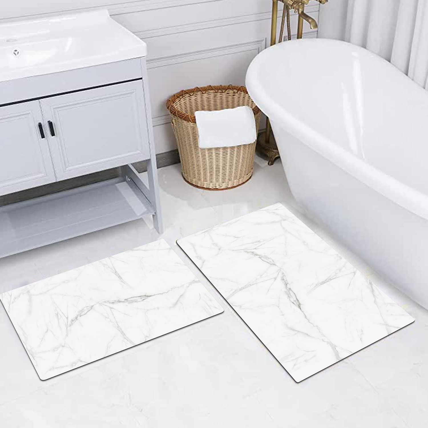 GOYLSER Ultra Thin Bathroom Mats Set, White Contour Bath Mat Set for