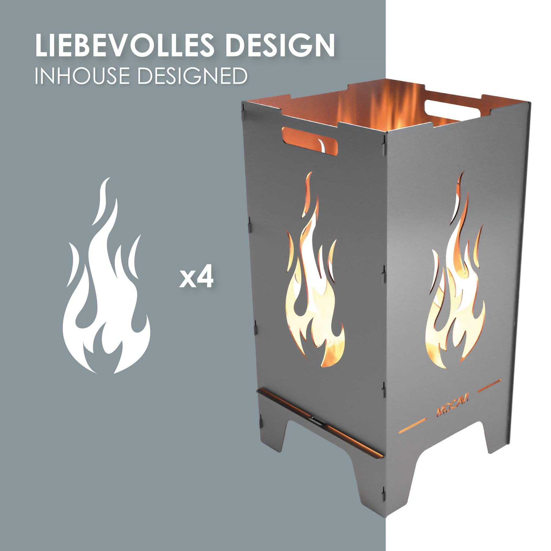 MOCAVI Feuertonne Flamme 73 cm | 3 mm Stahl Feuerschale Feuerkorb massiv robust sicher Design-Brenntonne für Garten und Terrasse groß eckig hohe Feuerstelle Outdoor hitzefest Feuersäule Feuerfass
