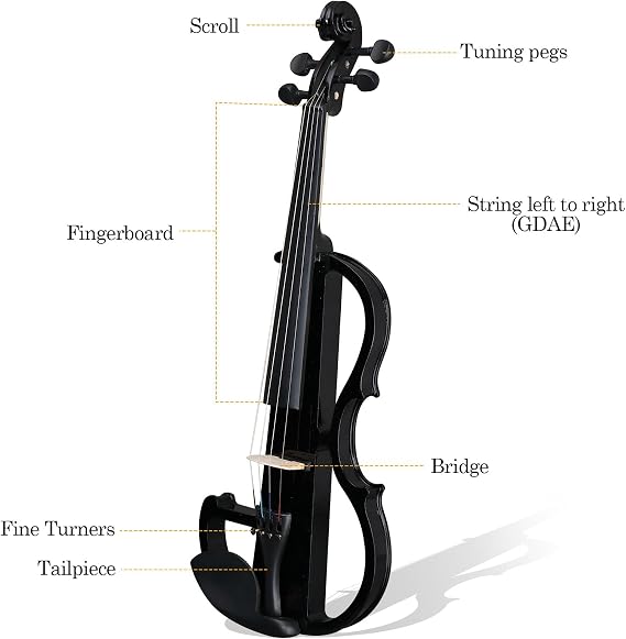 Electric Violin Full Size 4/4, Black Silent Electric Violin, Solid Wood Metallic Electric Fiddle with Case, Bow, Rosin, Headphone, Connecting Line