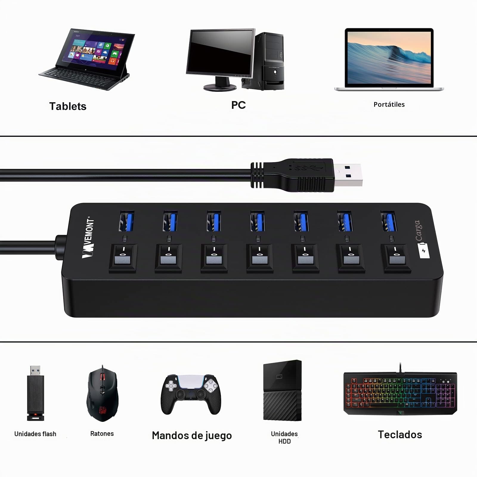 VEMONT - Hub USB Activo 3.0 con Fuente de alimentación, Distribuidor USB de 7 Puertos y 1 Carga Inteligente con 5 V/3 A, Divisor con Interruptor Individual y Cable de 1,2 m de Largo para PC/Ordenador