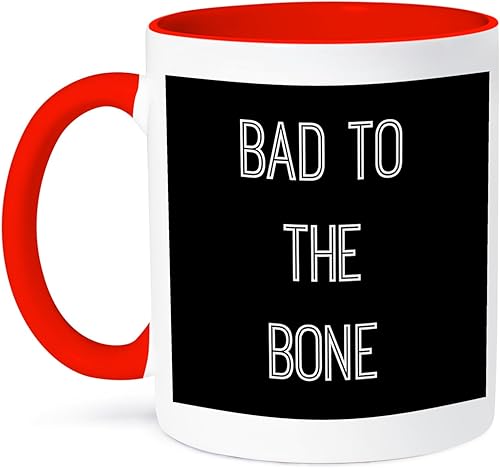 3dRose Bad to The Bone - Taza de fondo con letras de 11 onzas, negroblancorojo