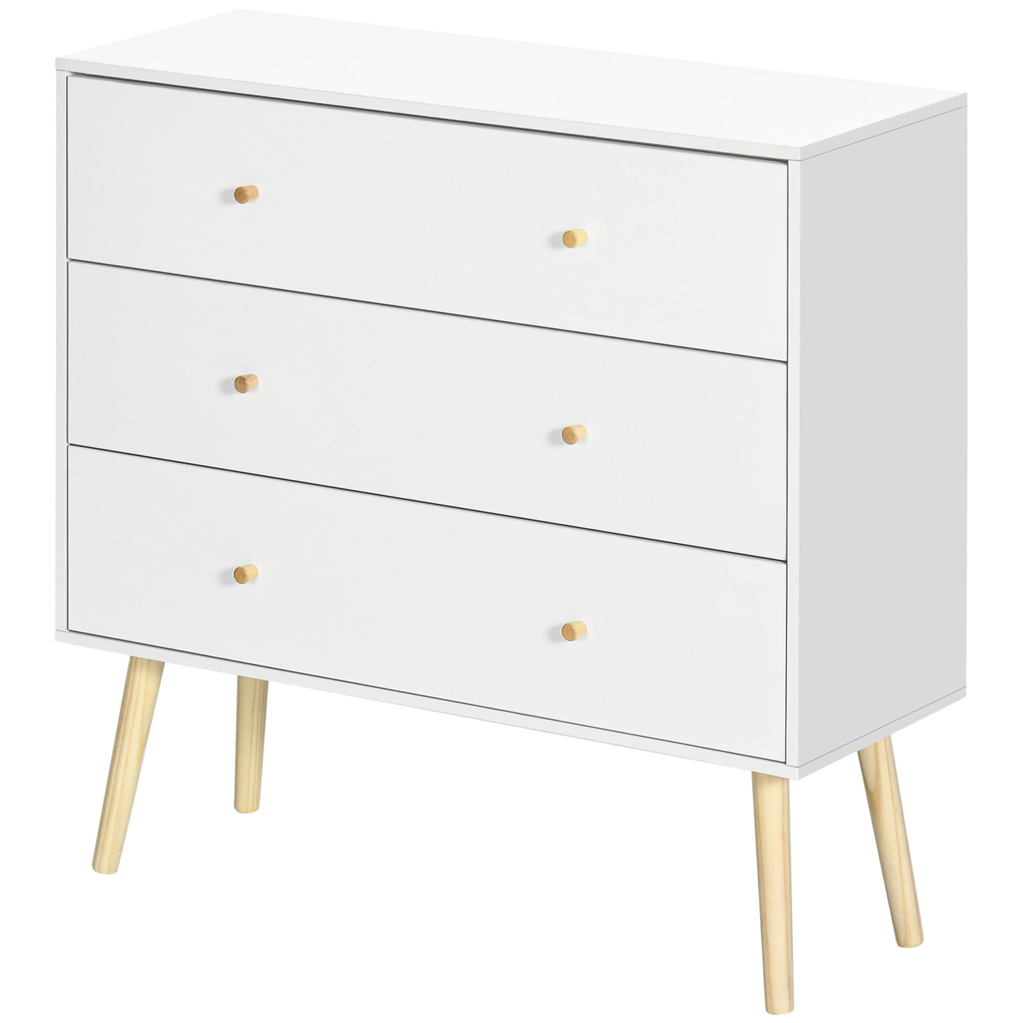 HOMCOM Cómoda con 3 Cajones Sinfonier para Dormitorio 80x30x80 cm Blanco | Patas de Madera, Diseño Antivuelco, Carga 70 kg, Cajonera para Salón Oficina