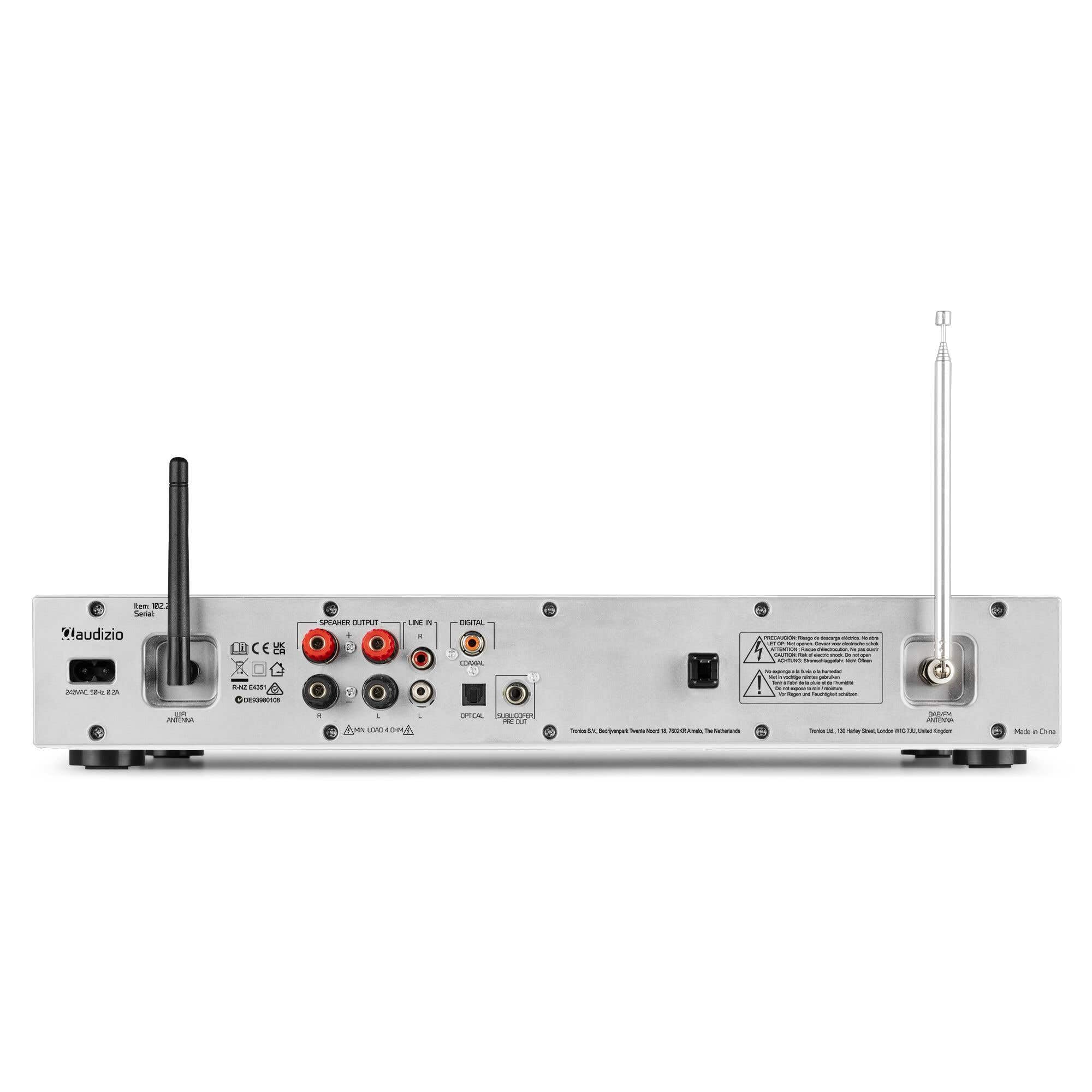 Audizio Bolzano, Internetradio WLAN, DAB Radio mit CD-Player, Spotify Player, Receiver 2x50 Watt, Bluetooth, Wecker, Fernbedienung, App-Steuerung, Toslink, Subwoofer-Anschluss, DAB+ FM, Silber