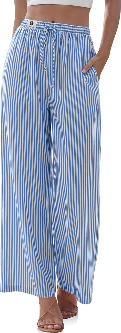 TARSE Womens Linen Striped Gingham Wide Leg Pants Palazzo Drawstring Lounge Pants Casual Trousers with Pockets