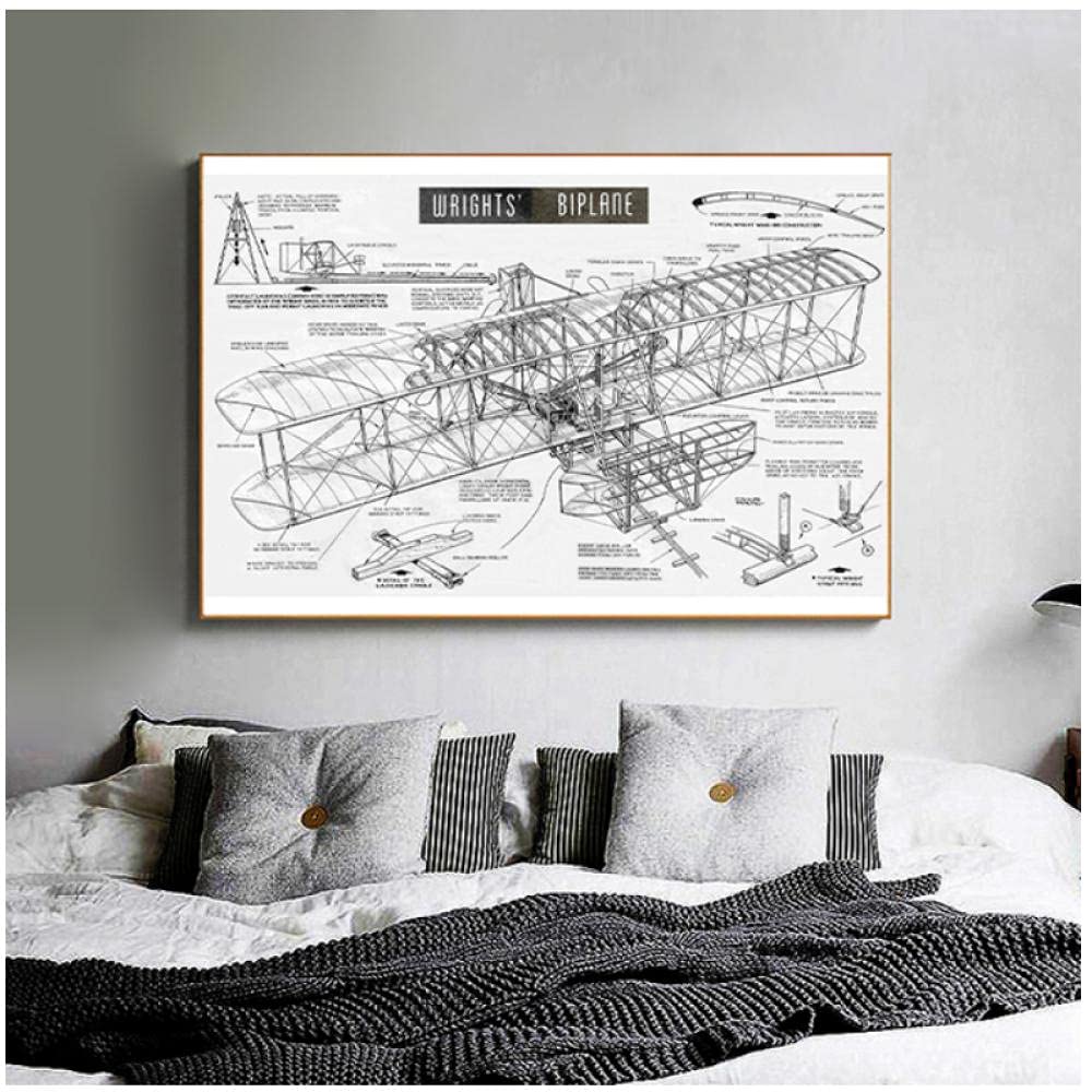 DLFALG Vintage Airplane Wrights Biplane Patent Blueprint Poster Wall Art Pictures Nursery Canvas Painting Kids Room Home Decor-50x70cm Unframed
