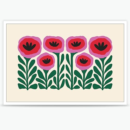 Quark Poppy Flower Canvas Wall Art Pink And Green Abstract Botanical Floral Prints Vintage Minimalist Colorful Dopamine Poster For Girls Living Bedroom Bathroom Home Decor 12x16in Unframed