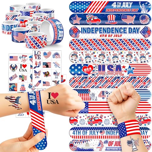 72 PCS Fourth of July Party Favors - 48 Temporary Pre-Cut Tattoos & 24 Slap Bracelets - Party Favors for Boys & Girls, Birthday Goodie Bag Fillers, Baby Shower Gifts, Classroom Rewards