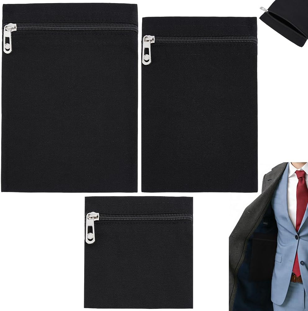 BENECREAT 3Pcs Black Sew-in Side Pocket with Zipper, Sewing on Jacket Inside Pockets, Canvas Inside Pocket Hidden Security Pocket for Shirt, Jacket, Hoodies, Coat, Sweatshirts