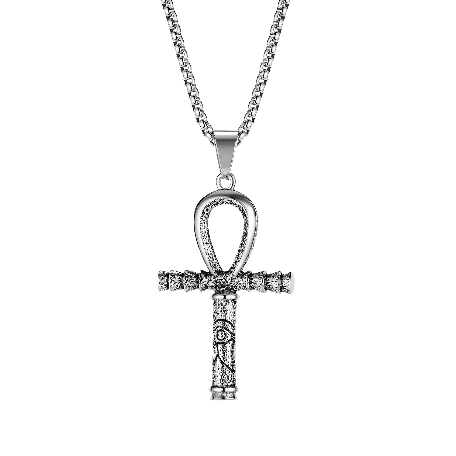 Stainless Steel Ankh Cross & Eye Of Horus Pendant Necklace - Ancient Egyptian Talisman With 24 Inch Chain