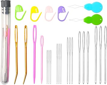 Hekisn 25Pcs Large Eye Blunt Yarn Needles kit, Assorted Sizes Bent Tapestry Darning Needle, Sewing Needles with Needle Threaders & Stitch Markers for Knitting Crochet Black
