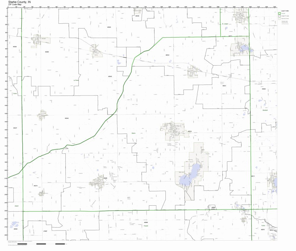 Starke County, Indiana IN ZIP Code Map Not Laminated