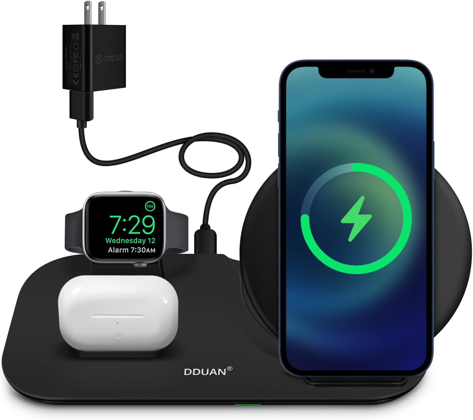 DDUAN Wireless Charging Station, 3 in 1 Qi Fast Wireless Charger Compatible for iPhone 15/14/13/12/11/Pro/Max/XR/XS/XS Max/X/8, Charging Stand for Apple Watch and AirPods