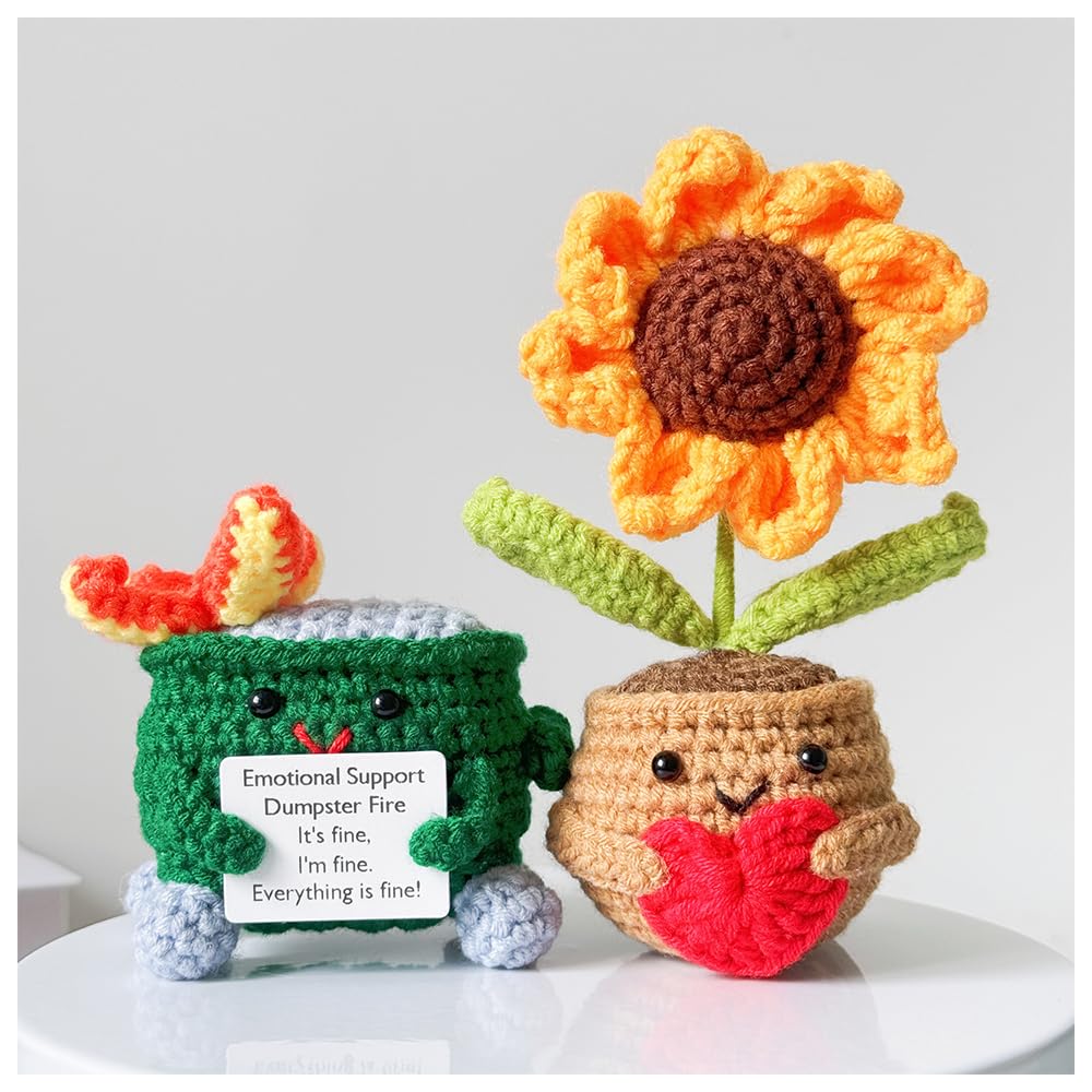 2PCS Crochet Dumpster Fire and Crochet Sunflower hold a Heart,Emotional Support Dumpster Fire,Crochet Sunflower,Cheer up Gift,Office Desk Decor,Livingroom Decor,Crochet Decorations,Gift for her
