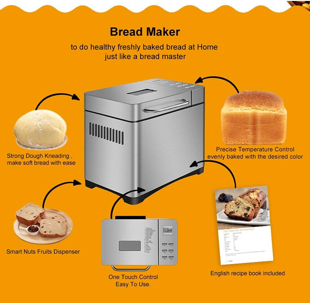 Macchina per il pane automatica inox con 19 programmi di cottura e timer Macchina per il pane antiaderente 650W, peso pane 1 kg per pane, biscotti, impasto Macchina per il pane automatica inox con 19 programmi di cottura e timer Macchina per il pane antiaderente 650W, peso pane 1 kg per pane, biscotti, impasto