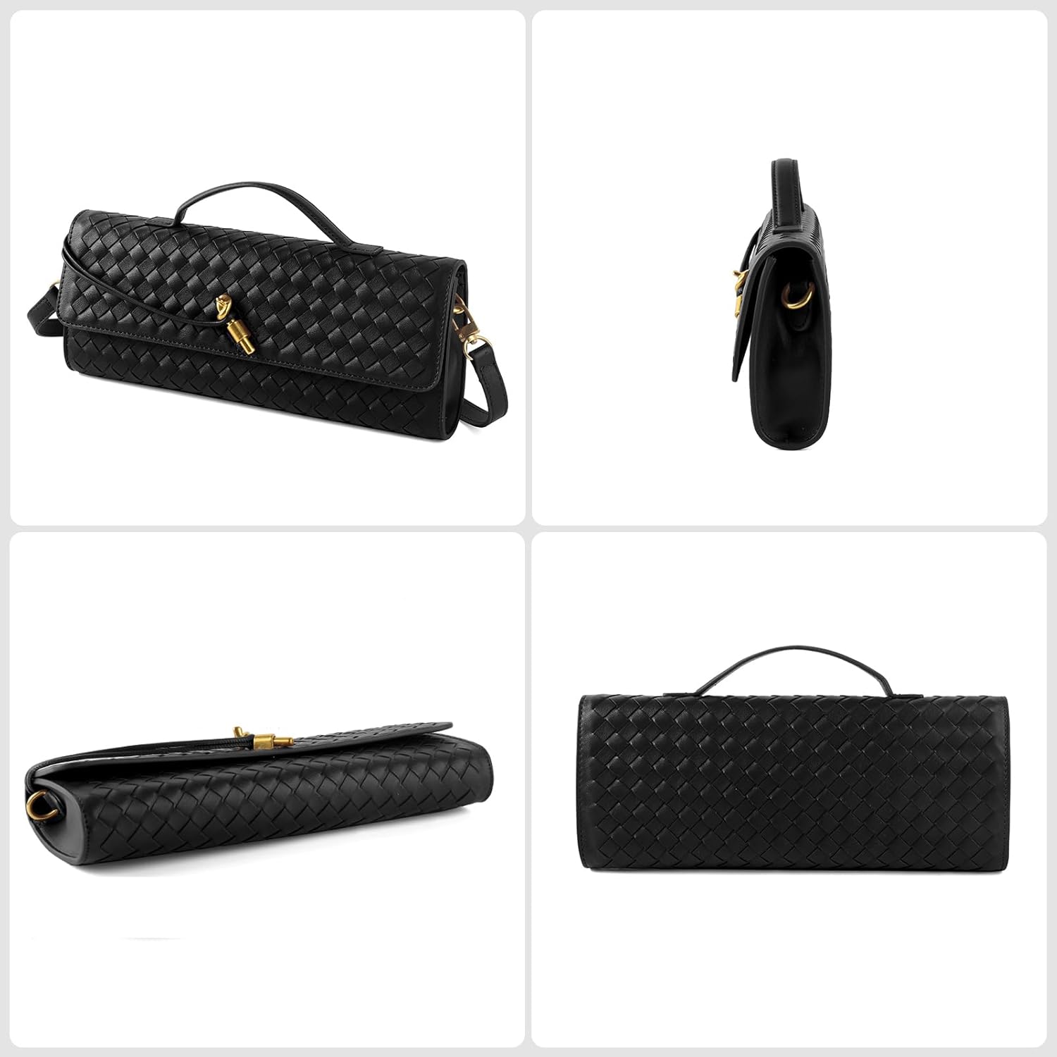 Woven Clutch Purses For Women, Small Crossbody Top Handle Handbag, Metallic Knot Closuer (Black) - Image 4