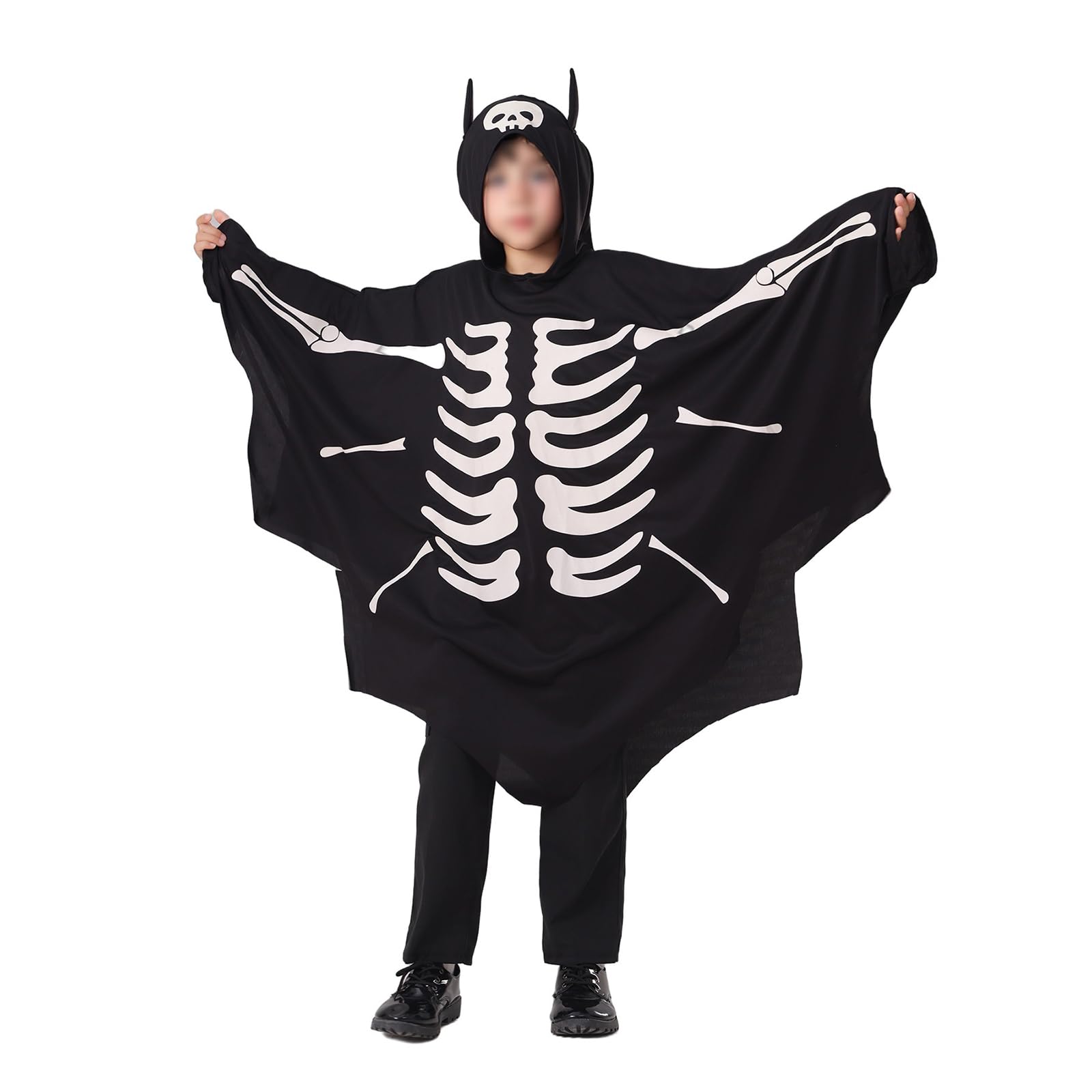 Muspeczenith Kids Halloween Bat Costume Skeleton Glow in the Dark Hooded Cape Cloak (standard, 5-6 Years, Black)