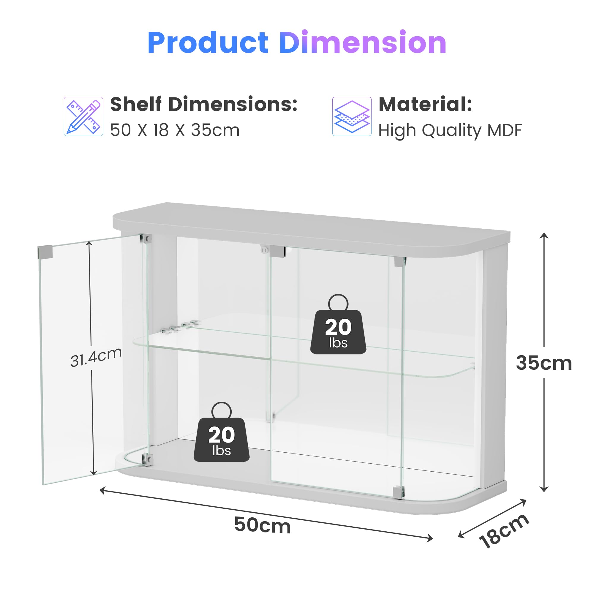 Vlsrka Glasvitrine mit LED Beleuchtung und Glastüren, Glas Vitrinenschrank | Vitrine mit RGB-Licht, Sammlerstücke Präsentieren, Figuren Aufbewahren, Temperglas, Push-to-open, Wohnzimmer Schlafzimmer