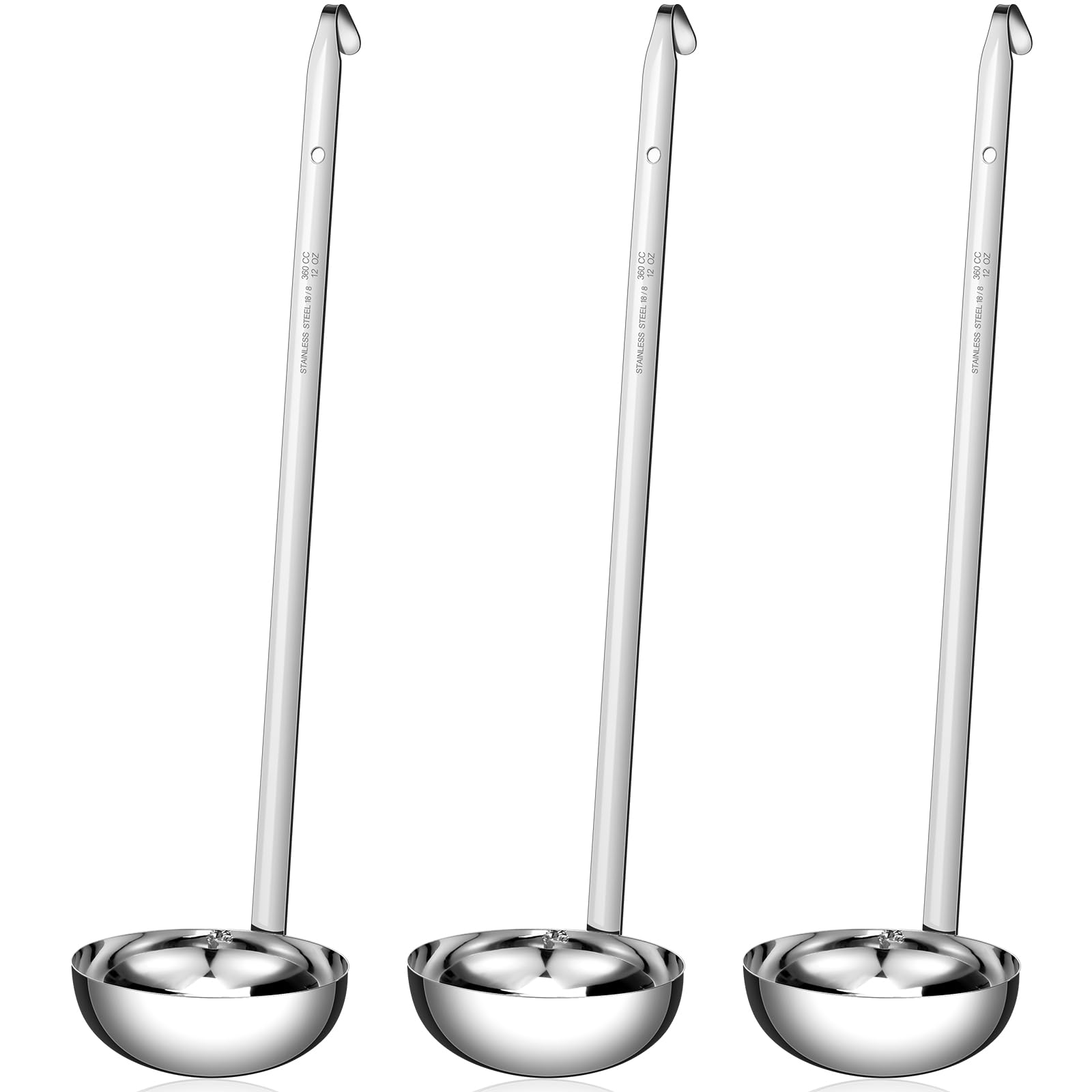 meekoo 3 Pieces Stainless Steel Ladle Soup Handle Ladle with Pouring Rim for Kitchen Cooking Soup Sauce (12 oz)