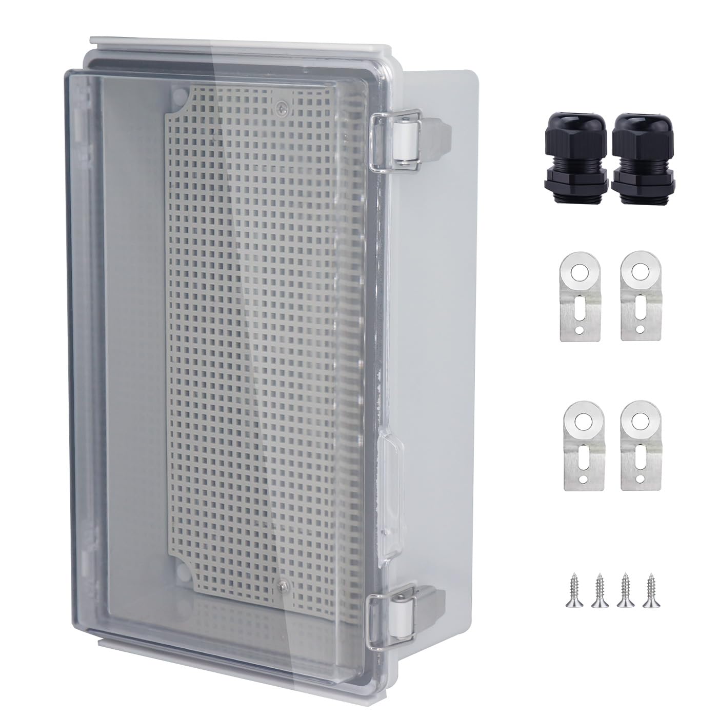 IP67 Waterproof Junction Box, ABS Plastic Electrical Enclosure with Stainless Steel Latch, Hinged Cover Electric Box with Mounting Plate, Wall Brackets & Cable Glands 280x190x130mm — Amazon image 25