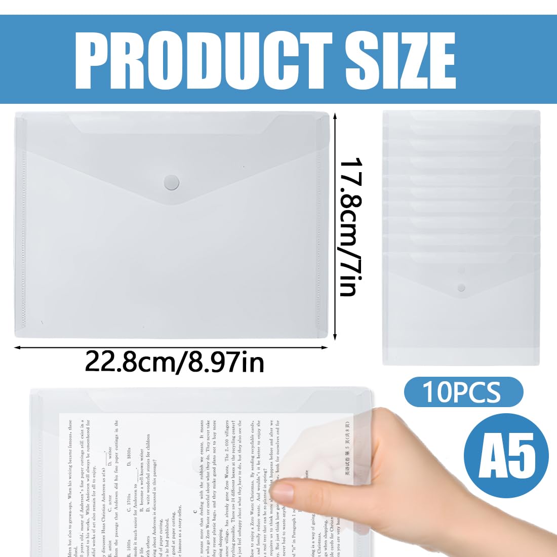 Plastico Transparente Bolsa Archivadoras,Pack 10 Sobres Archivador a5 con Botón Carpetas Portafolios Fundas Organización de Impermeable Folders para Oficina Escolar