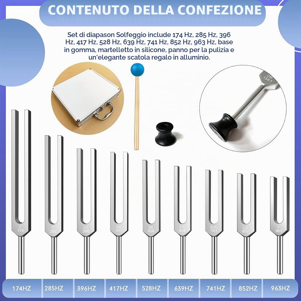Diapason Neurologico,Set di Diapason - 9 Diapason in una raffinata confezione regalo in alluminio, ideali per la guarigione, la guarigione dei chakra, la guarigione del suono e l'antistress.