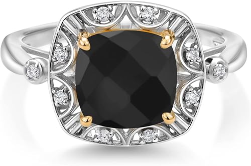 Miniatura 3 de Gem Stone King Anillo de compromiso de plata de ley 925 y oro amarillo de 10 quilates, ónix negro y diamantes blancos cultivados en laboratorio para