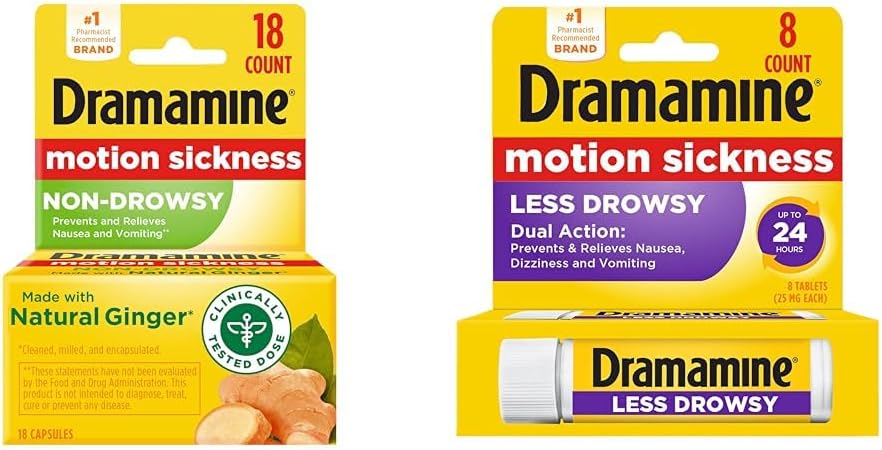 Dramamine Non-Drowsy, Motion Sickness Relief, Made with Natural Ginger, 18 Count & Motion Sickness Relief Less Drowsey Formula, 8 Count