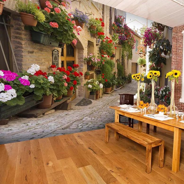 Papier peint mural fleur 3D trompe l'œil paysage rue européenne