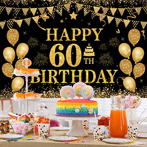 Image of 60th Birthday Banner - Black & Gold - 71 x 45 Inch - Happy 60th Birthday Decor