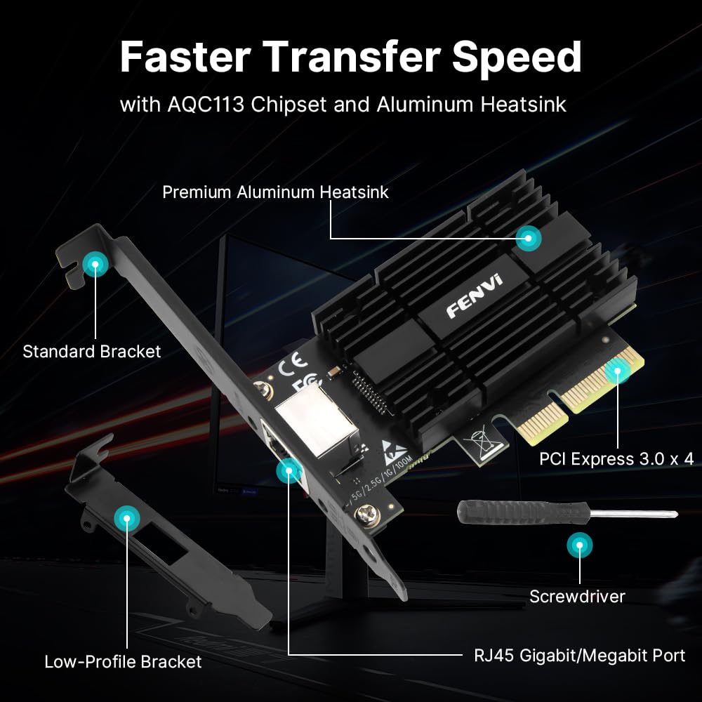 Fenvi Carte réseau PCIe 10G avec contrôleur Marvell AQC113, adaptateur Ethernet 10G Base-T, carte réseau RJ45 compatible avec Windows 10/11, Linux