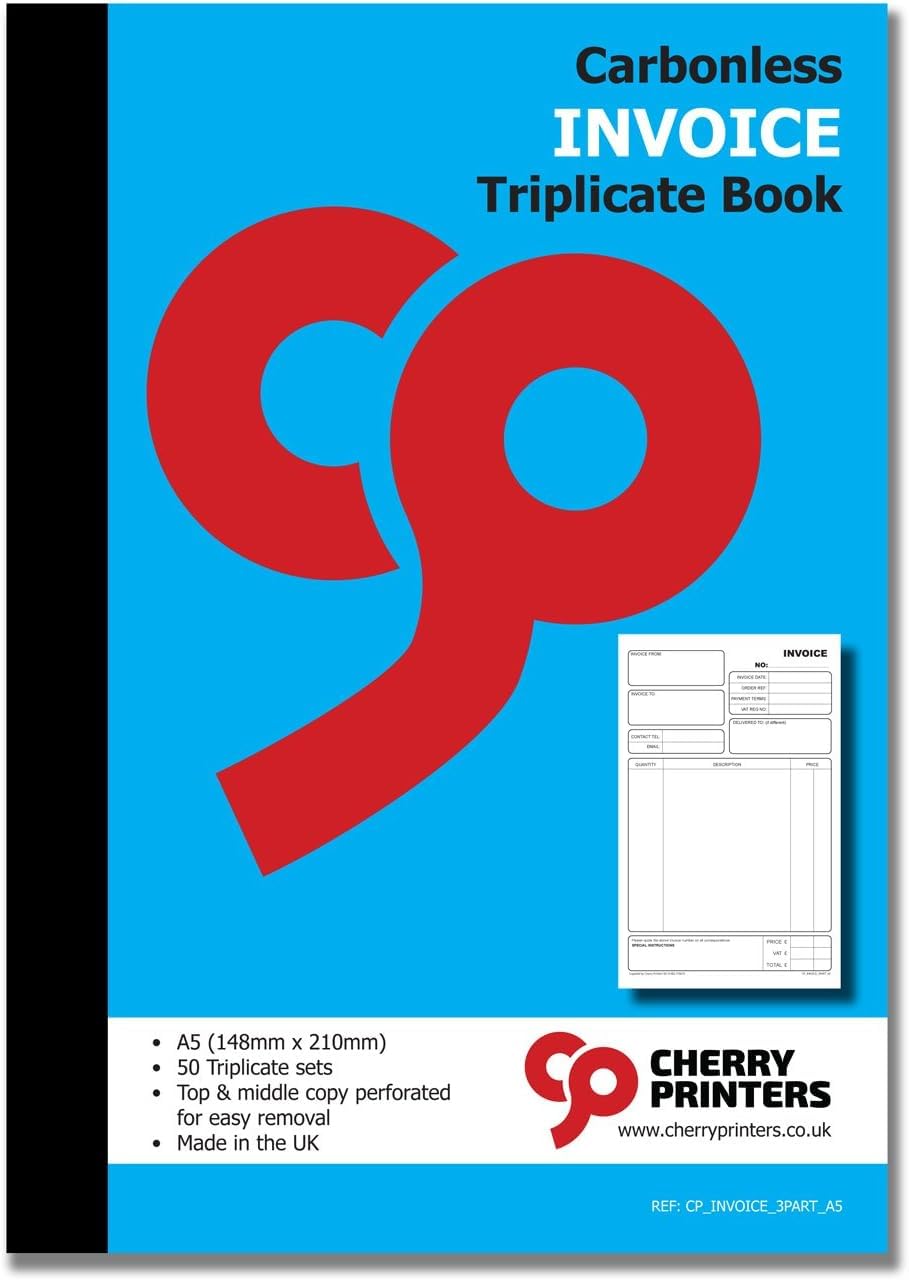 Cherry Printers Carbonless Invoice Book A5 | Triplicate NCR Invoice Book | 50 Triplicate Sets | Perforated Easy Tear Copies | Invoice Pad for Small Business Office Self Employed **20 Pack**