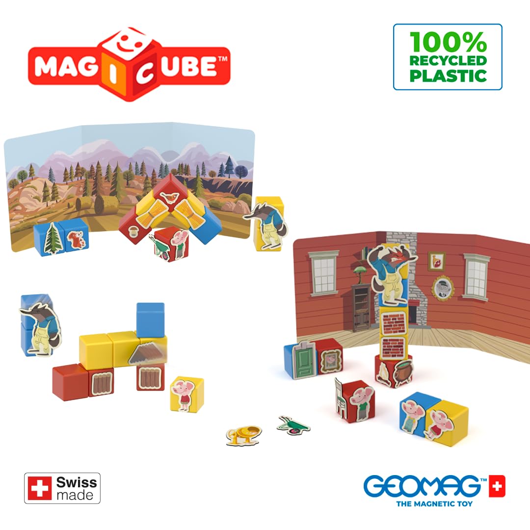 Geomag, Magicube Story Building Trzy małe świnki, gry magnetyczne odpowiednie dla dzieci od 3 lat, teatr magnetyczny, 42-częściowy zestaw, 100% plastik z recyklingu