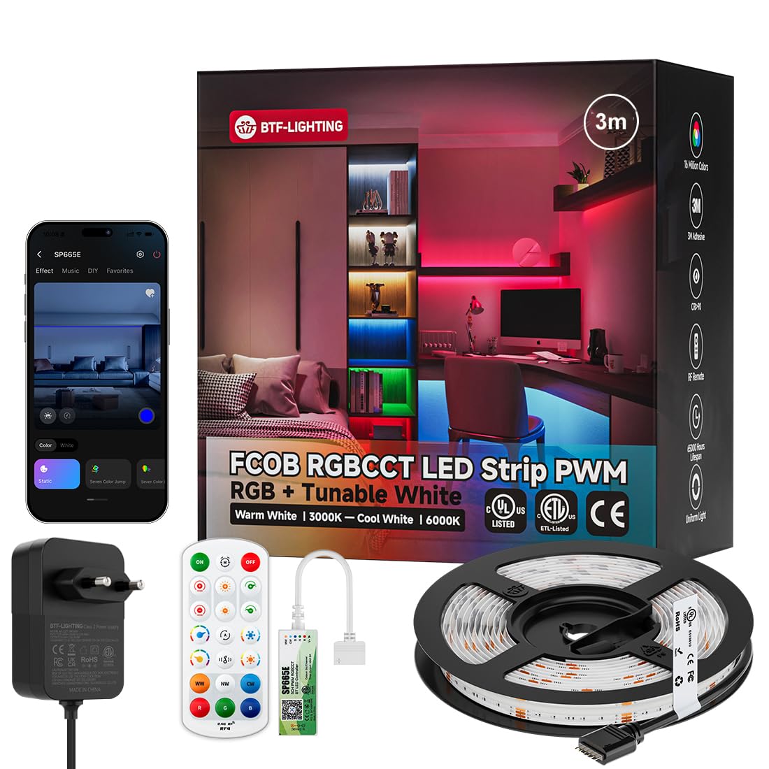 BTF-LIGHTING Striscia LED FCOB RGBCCT con controller SP665E e alimentatore