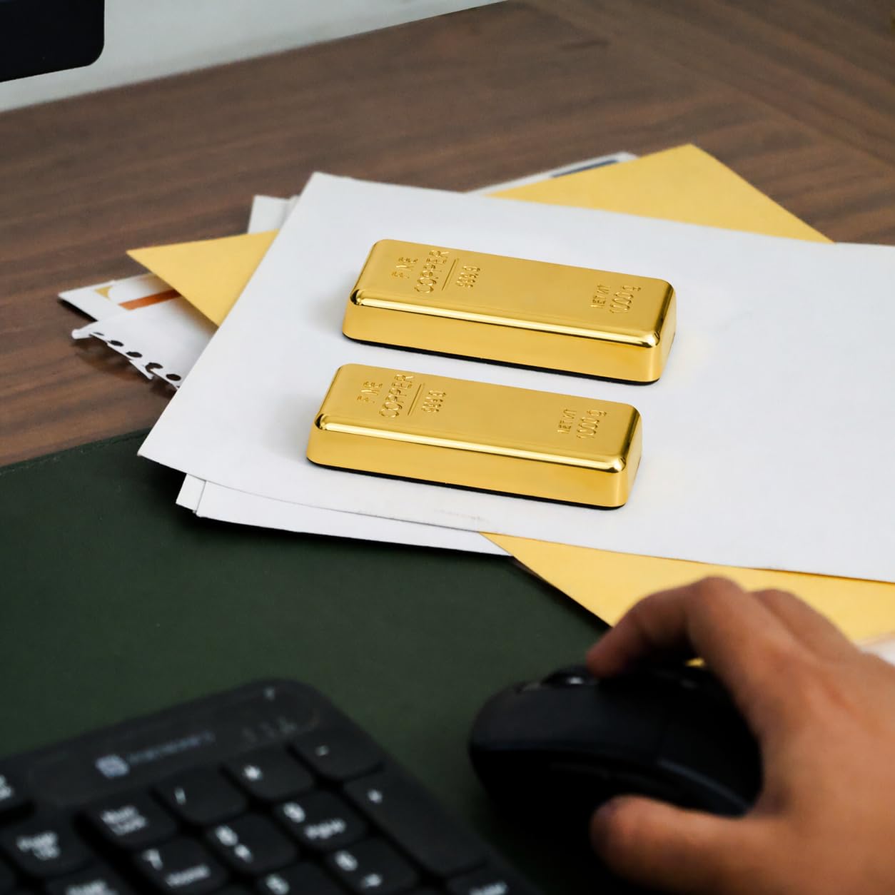 ZAHEPA Realistic Metal Gold Bar Paperweight for Office Table, Fake Gold Biscuit Paper Weight Table Decoration, Prop for Jewellery Shop & Heist Theme, Unique Gift for Home & Office (Pack of 2) 3